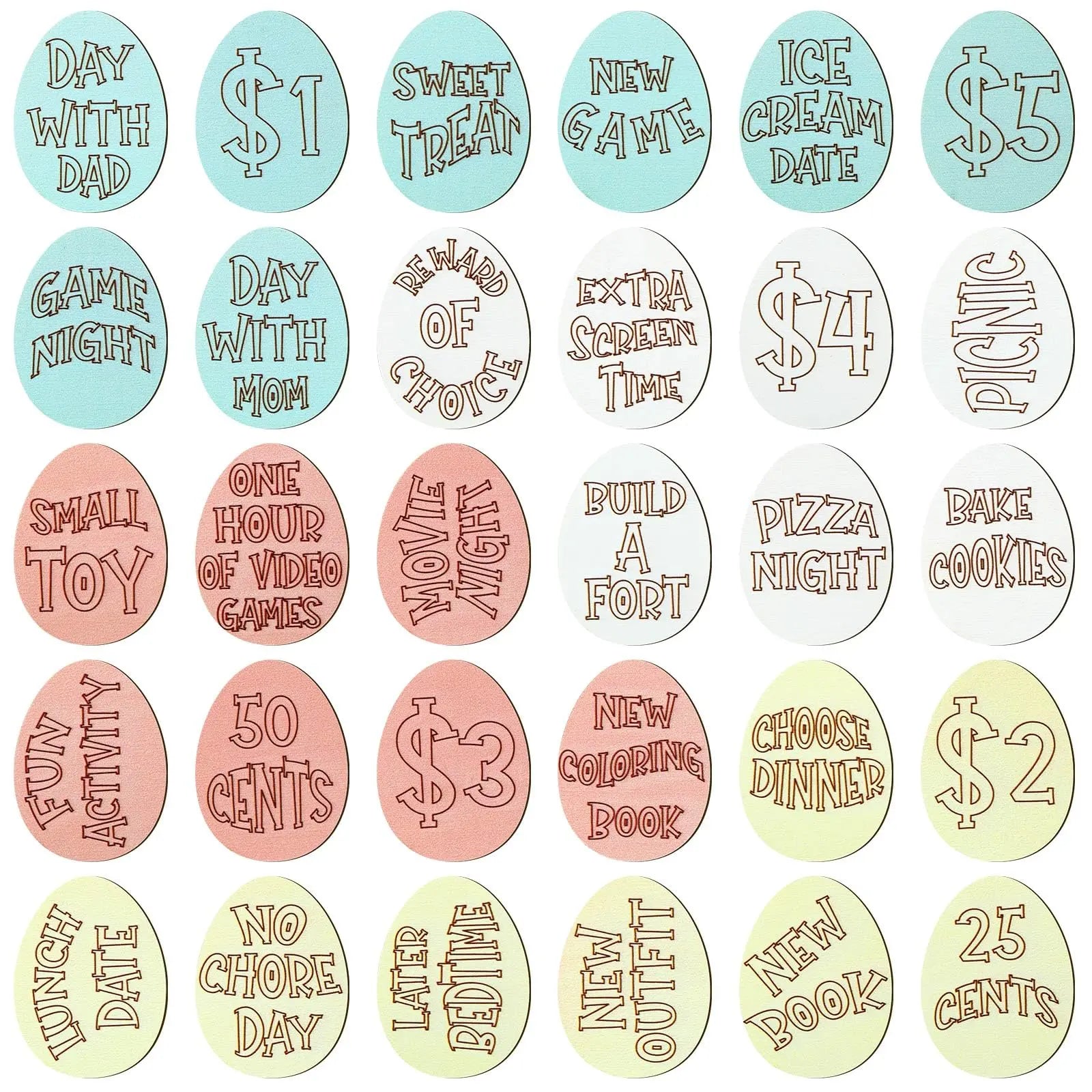 Easter Egg Tokens 30/120 Pcs Reusable Wooden Reward Tokens with 20 Engraved Sayings + 4 Gift Bags - Kids Teens Classroom Prizes Non-Candy Easter Basket Stuffers Spring Party Supplies Set