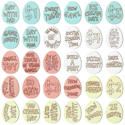 Easter Egg Tokens 30/120 Pcs Reusable Wooden Reward Tokens with 20 Engraved Sayings + 4 Gift Bags - Kids Teens Classroom Prizes Non-Candy Easter Basket Stuffers Spring Party Supplies Set