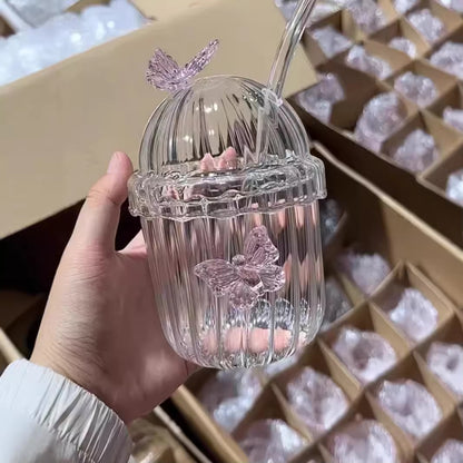 1PCS 400ML Drinking Glass Cup Set with Butterfly Design for Iced Coffee, Juice, Tea & Milk, Perfect Birthday and Holiday Gifts