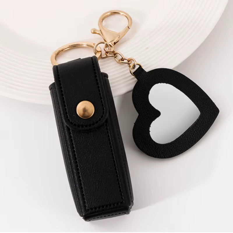 New Portable Lipstick Bag Packet Heart Mirror Keychain Mini Leather Key Chain Ring Small Versatile Keyring Gifts for Girlfriend