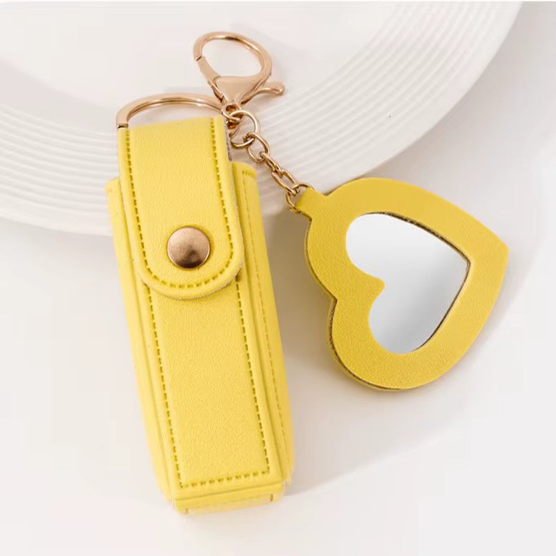 New Portable Lipstick Bag Packet Heart Mirror Keychain Mini Leather Key Chain Ring Small Versatile Keyring Gifts for Girlfriend