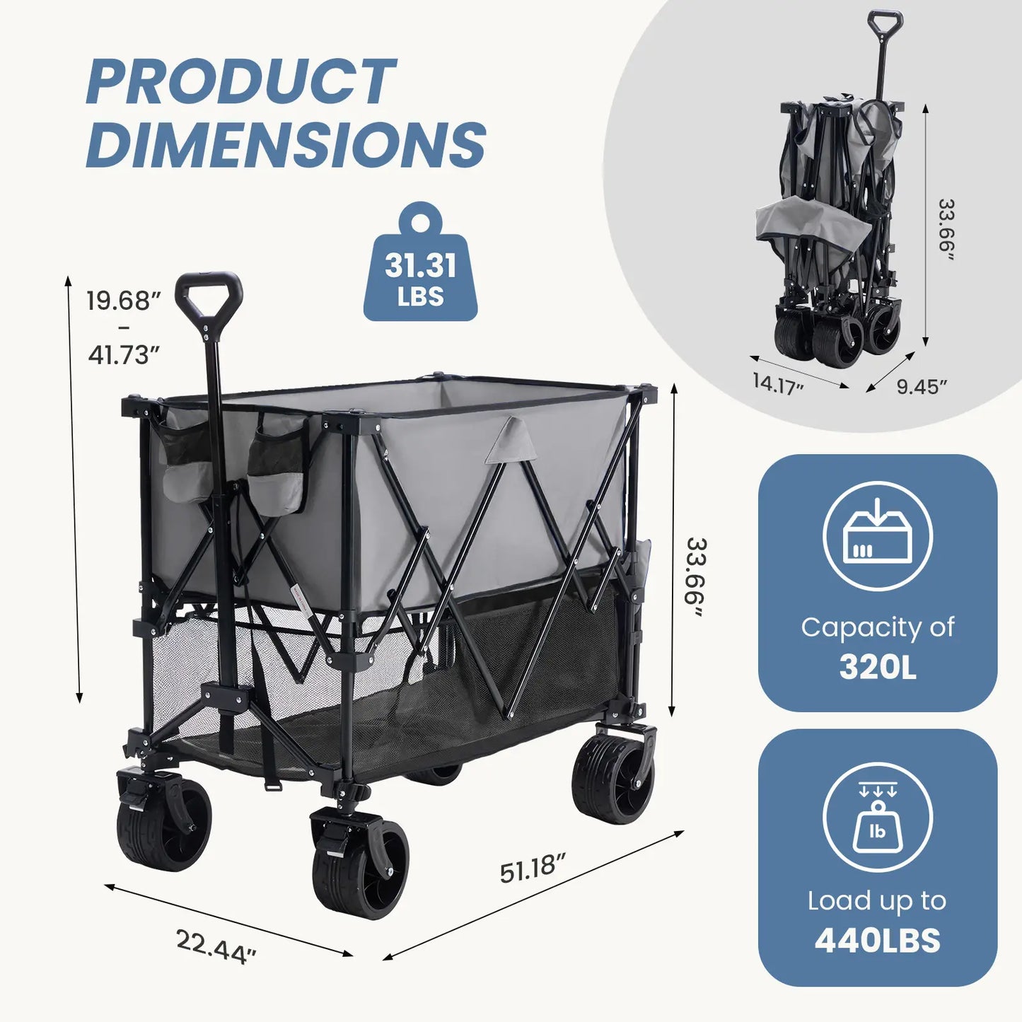 Large Capacity Folding Double Decker Wagon with Brakes, 440 Lbs Wagons Carts Foldable Wagon Cart with Flexible Handle, All-Terrain Big Wheels for Grocery Sports Garden Camping