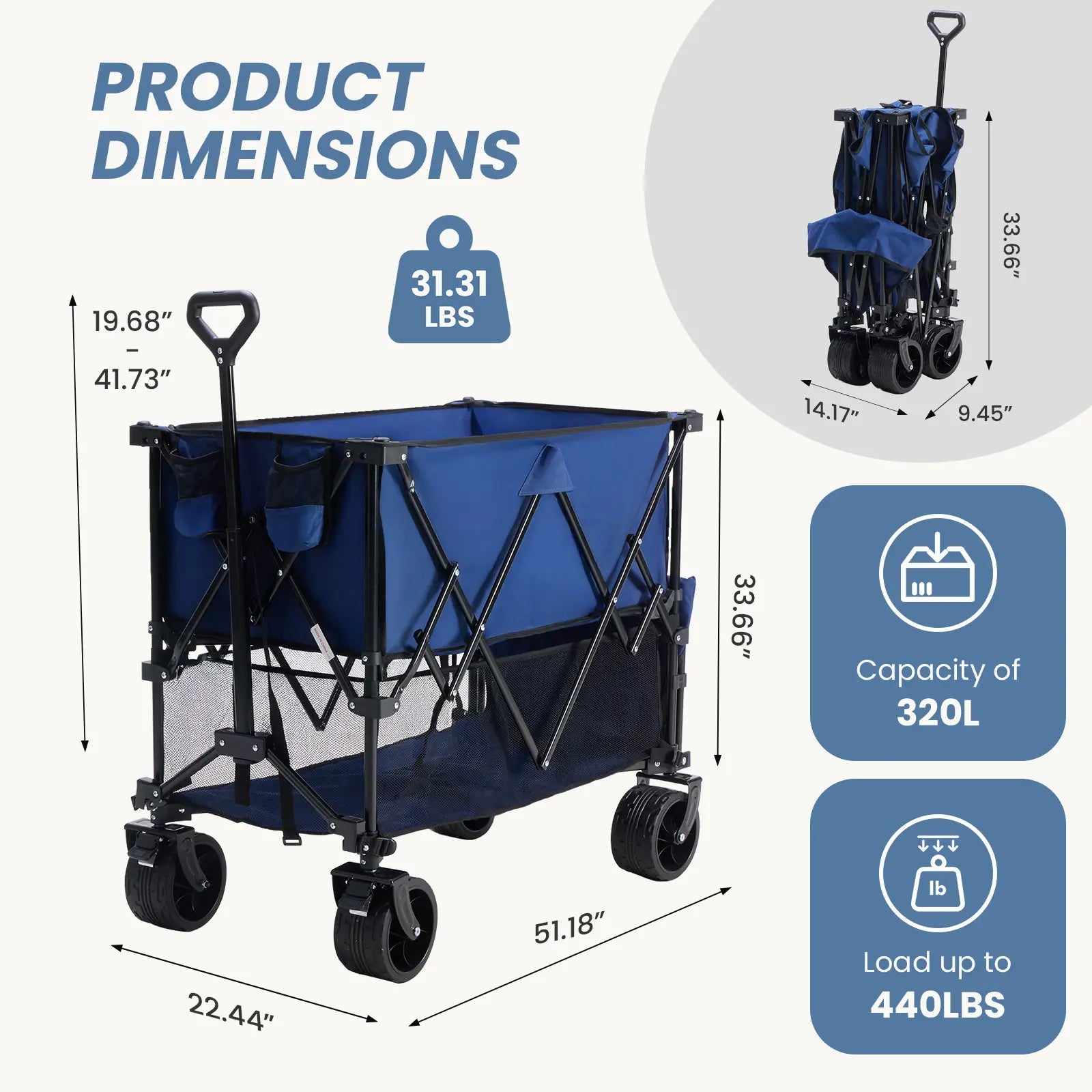Large Capacity Folding Double Decker Wagon with Brakes, 440 Lbs Wagons Carts Foldable Wagon Cart with Flexible Handle, All-Terrain Big Wheels for Grocery Sports Garden Camping