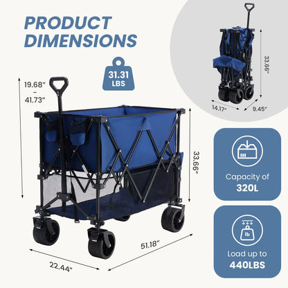 Large Capacity Folding Double Decker Wagon with Brakes, 440 Lbs Wagons Carts Foldable Wagon Cart with Flexible Handle, All-Terrain Big Wheels for Grocery Sports Garden Camping