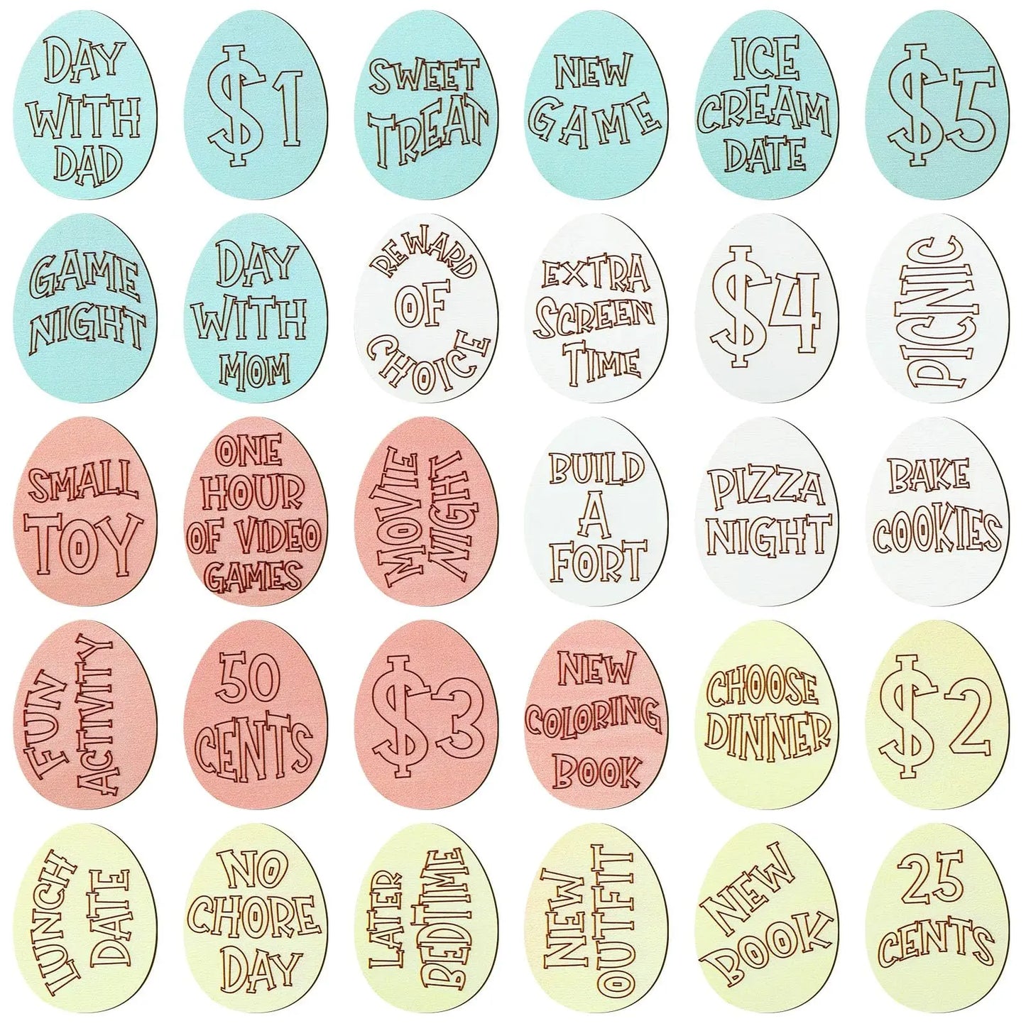 Easter Egg Tokens 30/120 Pcs Reusable Wooden Reward Tokens with 20 Engraved Sayings + 4 Gift Bags - Kids Teens Classroom Prizes Non-Candy Easter Basket Stuffers Spring Party Supplies Set