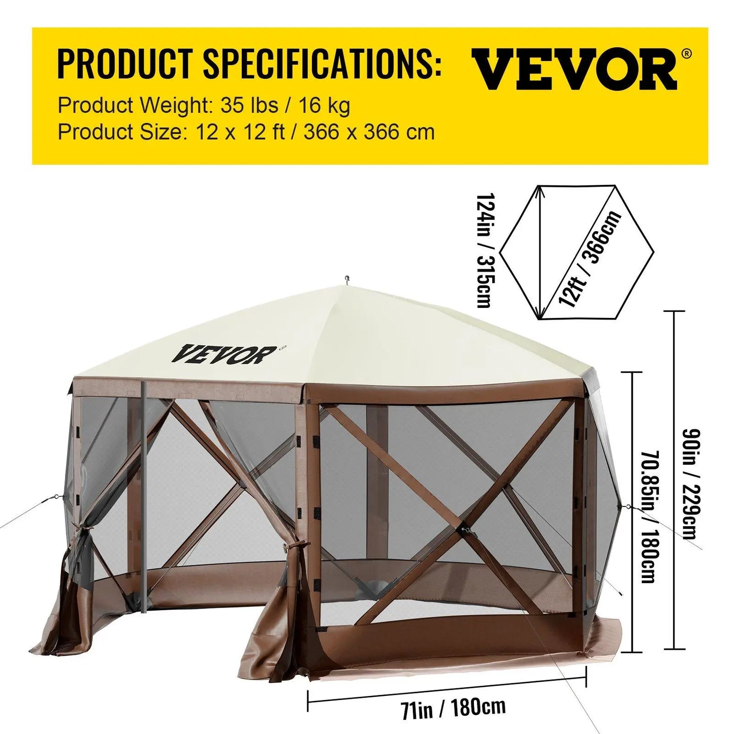VEVOR Camping Gazebo Screen Tent, 12*12Ft, 6 Sided Pop-Up Canopy Shelter Tent with Mesh Windows, Portable Carry Bag, Stakes, Large Shade Tents for Outdoor Camping, Lawn and Backyard, Brown/Beige