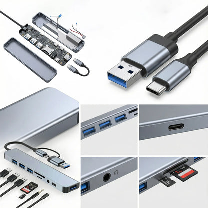 8 Port Phone Hub with 4 3.0 USB-A Ports 1 USB-C Port Splitter Converter TF SD Card Slot 3.5Mm Audio Head Phone Jacks for Macbook Ipad Iphone 17 16 15 Pro Laptop Galaxy More