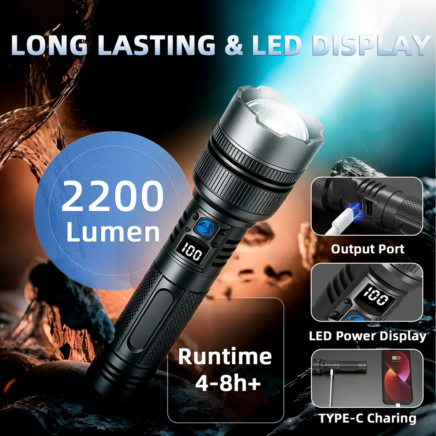2-In-1 Strong Flashlight (Power Bank), Digital Display Ofpower, Rechargeable, Zoomable,, X4Waterproof,Adjustable Brightness Flash Light for Outdoor, Emergency,Camping Accessories, Black Tiktokshopspringglowup