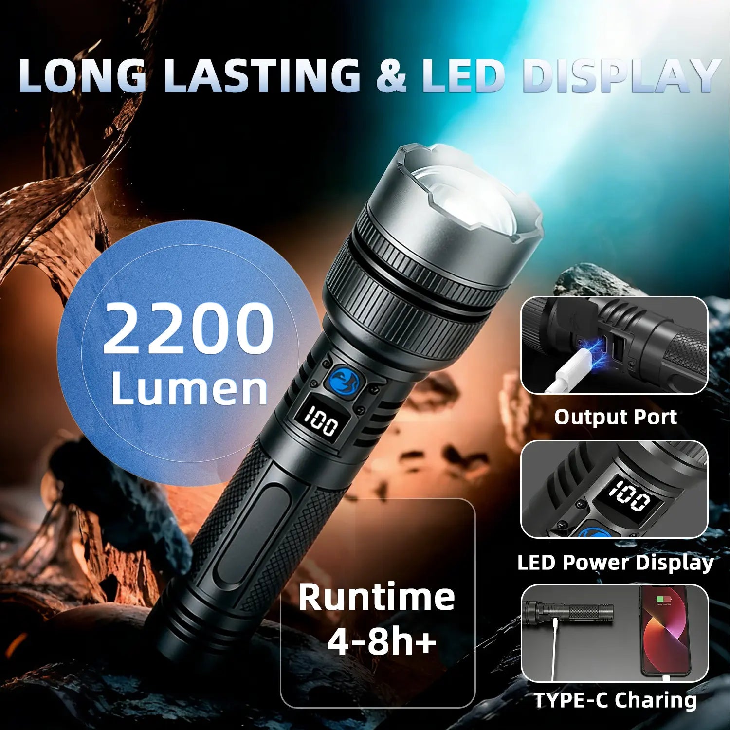 2-In-1 Strong Flashlight (Power Bank), Digital Display Ofpower, Rechargeable, Zoomable,, X4Waterproof,Adjustable Brightness Flash Light for Outdoor, Emergency,Camping Accessories, Black Tiktokshopspringglowup