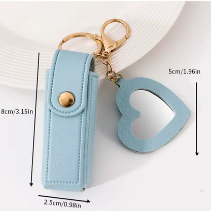 New Portable Lipstick Bag Packet Heart Mirror Keychain Mini Leather Key Chain Ring Small Versatile Keyring Gifts for Girlfriend
