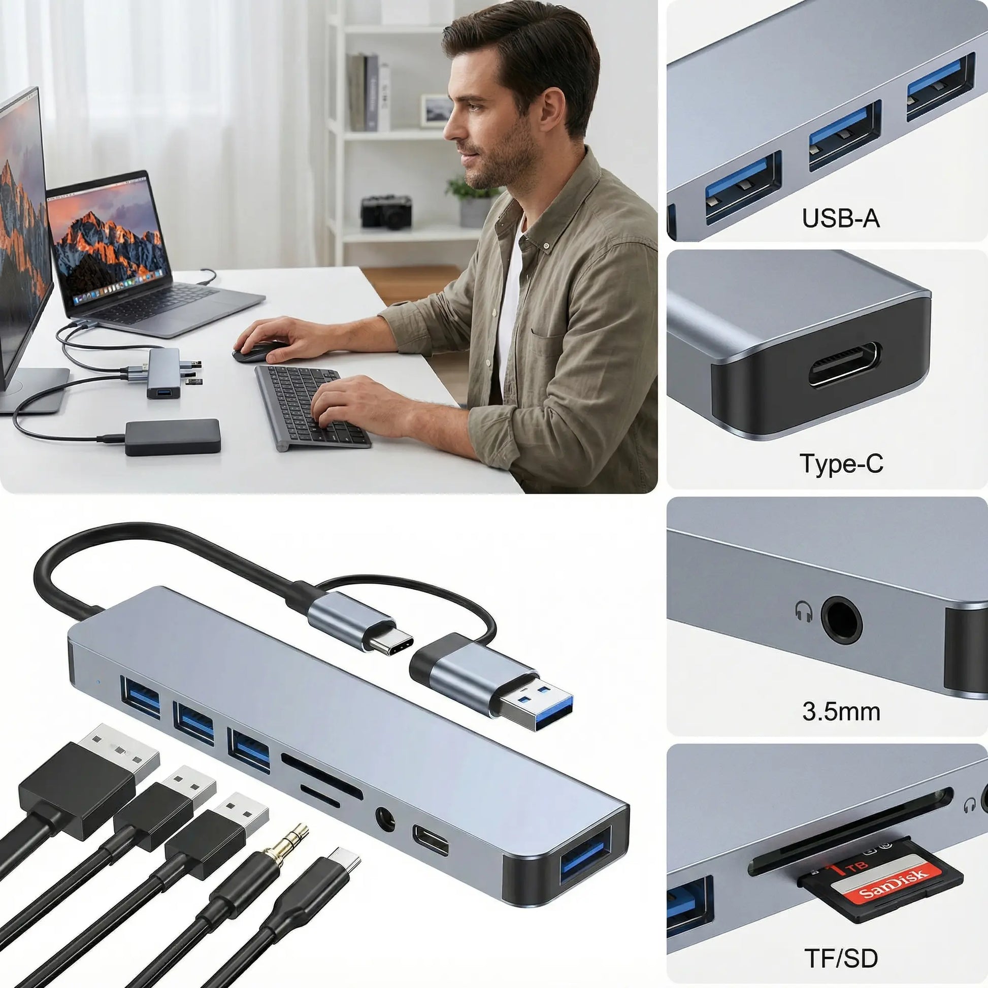 8 Port Phone Hub with 4 3.0 USB-A Ports 1 USB-C Port Splitter Converter TF SD Card Slot 3.5Mm Audio Head Phone Jacks for Macbook Ipad Iphone 17 16 15 Pro Laptop Galaxy More