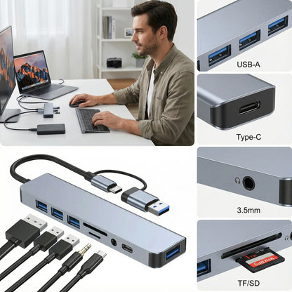 8 Port Phone Hub with 4 3.0 USB-A Ports 1 USB-C Port Splitter Converter TF SD Card Slot 3.5Mm Audio Head Phone Jacks for Macbook Ipad Iphone 17 16 15 Pro Laptop Galaxy More