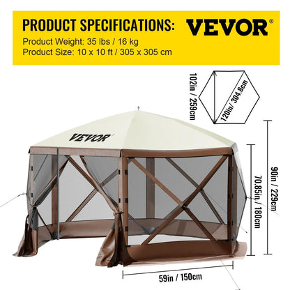 VEVOR Camping Gazebo Screen Tent, 12*12Ft, 6 Sided Pop-Up Canopy Shelter Tent with Mesh Windows, Portable Carry Bag, Stakes, Large Shade Tents for Outdoor Camping, Lawn and Backyard, Brown/Beige