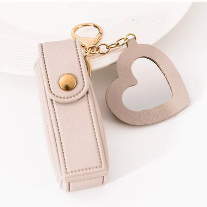 New Portable Lipstick Bag Packet Heart Mirror Keychain Mini Leather Key Chain Ring Small Versatile Keyring Gifts for Girlfriend
