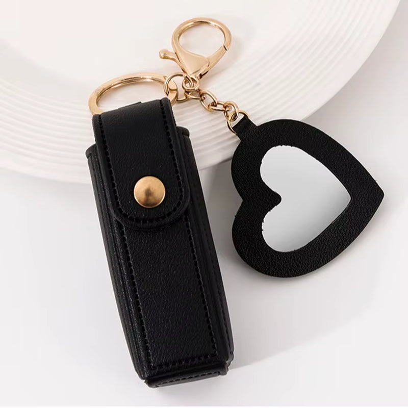 New Portable Lipstick Bag Packet Heart Mirror Keychain Mini Leather Key Chain Ring Small Versatile Keyring Gifts for Girlfriend