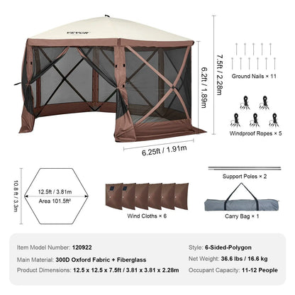VEVOR Camping Gazebo Screen Tent, 12*12Ft, 6 Sided Pop-Up Canopy Shelter Tent with Mesh Windows, Portable Carry Bag, Stakes, Large Shade Tents for Outdoor Camping, Lawn and Backyard, Brown/Beige