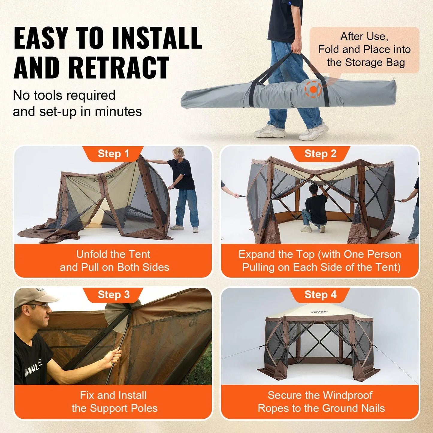 VEVOR Camping Gazebo Screen Tent, 12*12Ft, 6 Sided Pop-Up Canopy Shelter Tent with Mesh Windows, Portable Carry Bag, Stakes, Large Shade Tents for Outdoor Camping, Lawn and Backyard, Brown/Beige