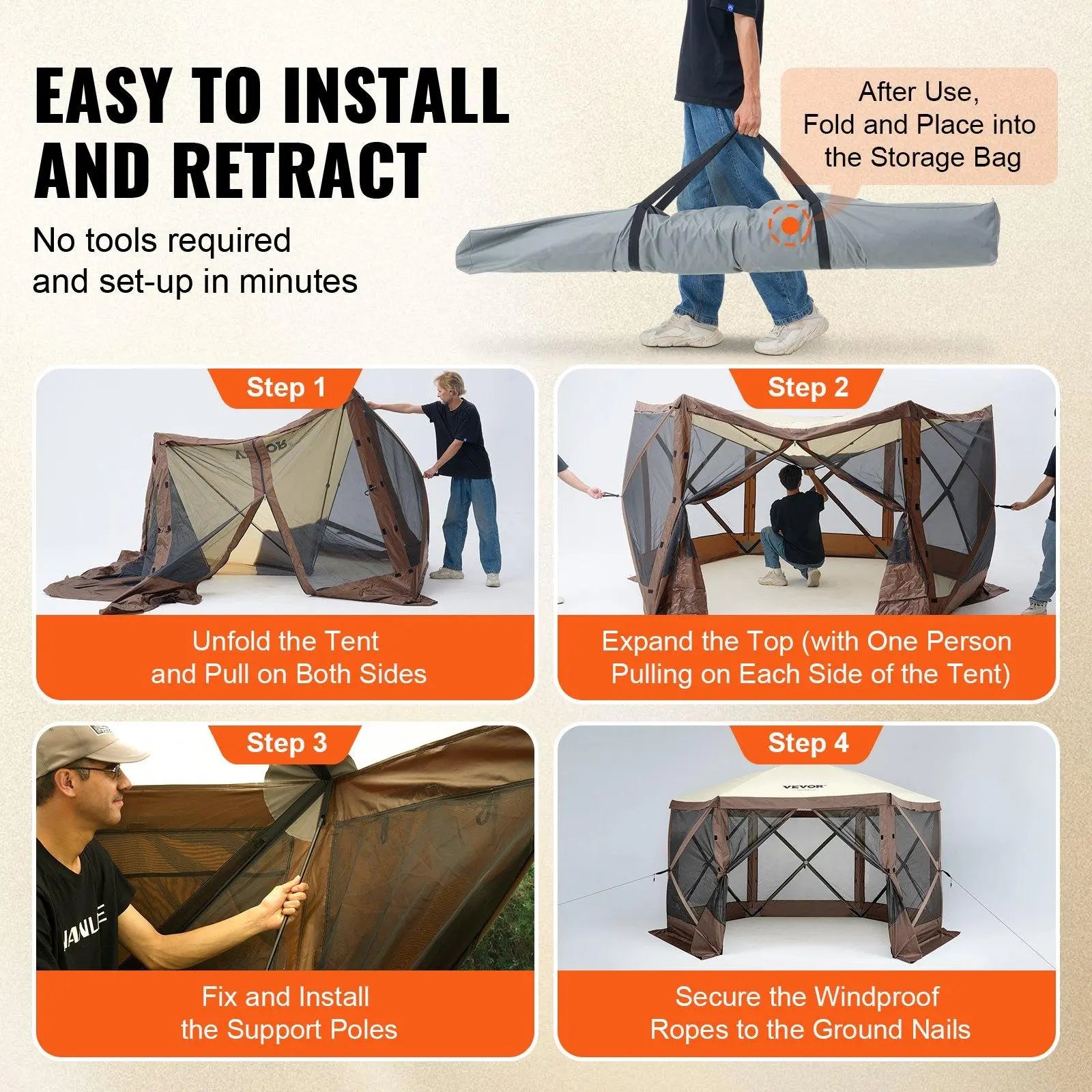 VEVOR Camping Gazebo Screen Tent, 12*12Ft, 6 Sided Pop-Up Canopy Shelter Tent with Mesh Windows, Portable Carry Bag, Stakes, Large Shade Tents for Outdoor Camping, Lawn and Backyard, Brown/Beige