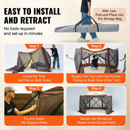 VEVOR Camping Gazebo Screen Tent, 12*12Ft, 6 Sided Pop-Up Canopy Shelter Tent with Mesh Windows, Portable Carry Bag, Stakes, Large Shade Tents for Outdoor Camping, Lawn and Backyard, Brown/Beige