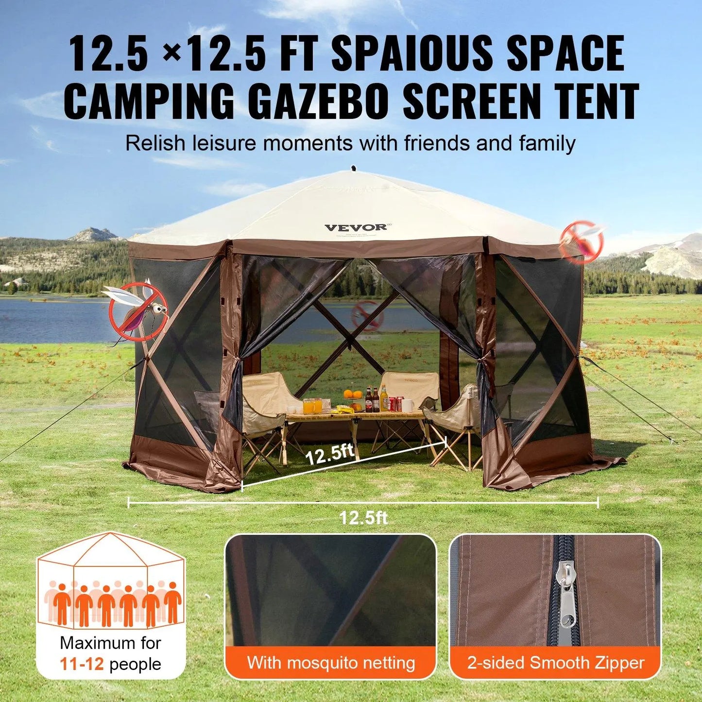VEVOR Camping Gazebo Screen Tent, 12*12Ft, 6 Sided Pop-Up Canopy Shelter Tent with Mesh Windows, Portable Carry Bag, Stakes, Large Shade Tents for Outdoor Camping, Lawn and Backyard, Brown/Beige