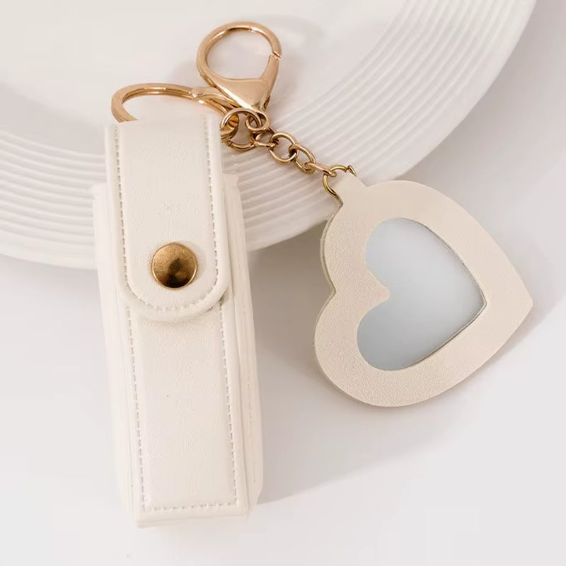 New Portable Lipstick Bag Packet Heart Mirror Keychain Mini Leather Key Chain Ring Small Versatile Keyring Gifts for Girlfriend
