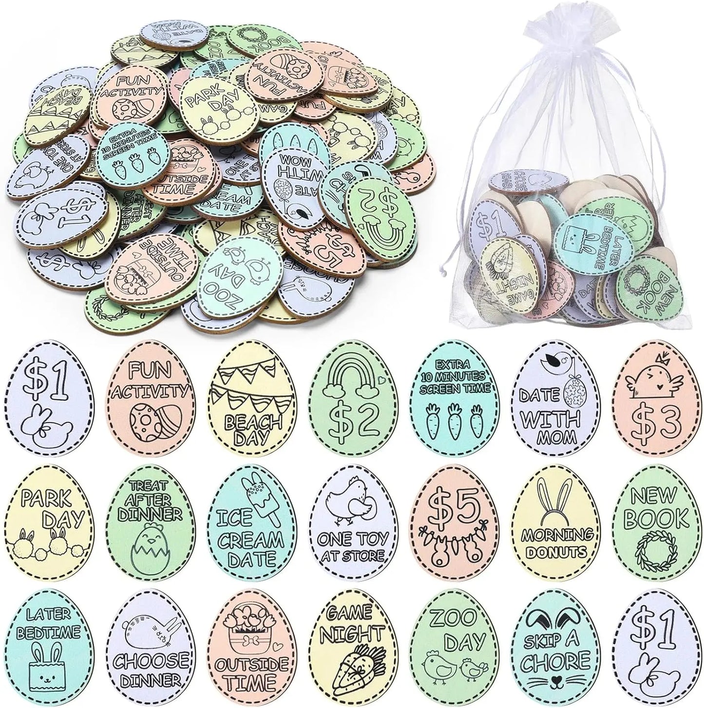 Easter Egg Tokens 30/120 Pcs Reusable Wooden Reward Tokens with 20 Engraved Sayings + 4 Gift Bags - Kids Teens Classroom Prizes Non-Candy Easter Basket Stuffers Spring Party Supplies Set