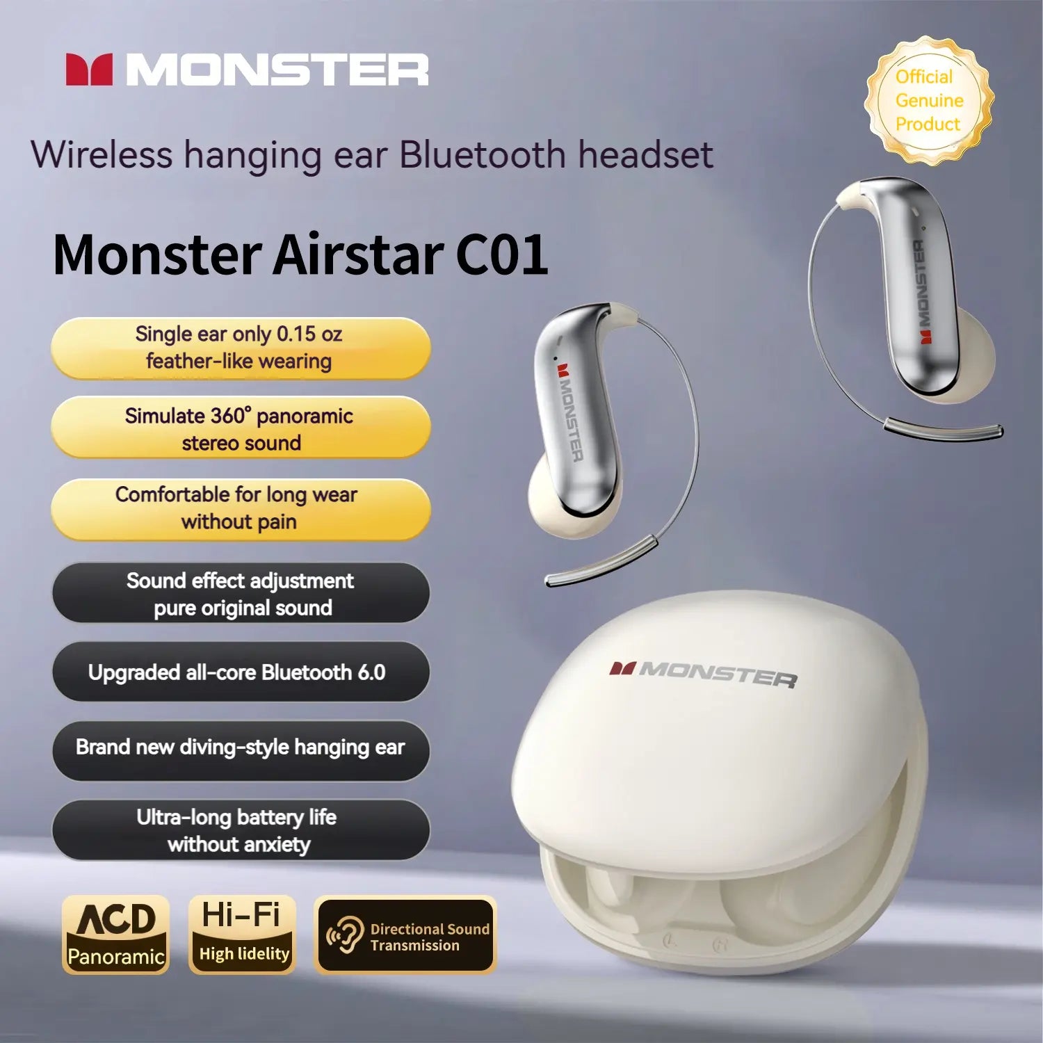 Monster Ear Buds - Bluetooth Headphones with Zero‑Gravity Titanium Ear‑Hook Design, Noise Isolation, 145H Playtime Wireless Earbuds Headset Bluetooth 6.0, IPX5 Waterproof & Sweatproof, Ideal for Travel & Electronic Gifts for Men and Women