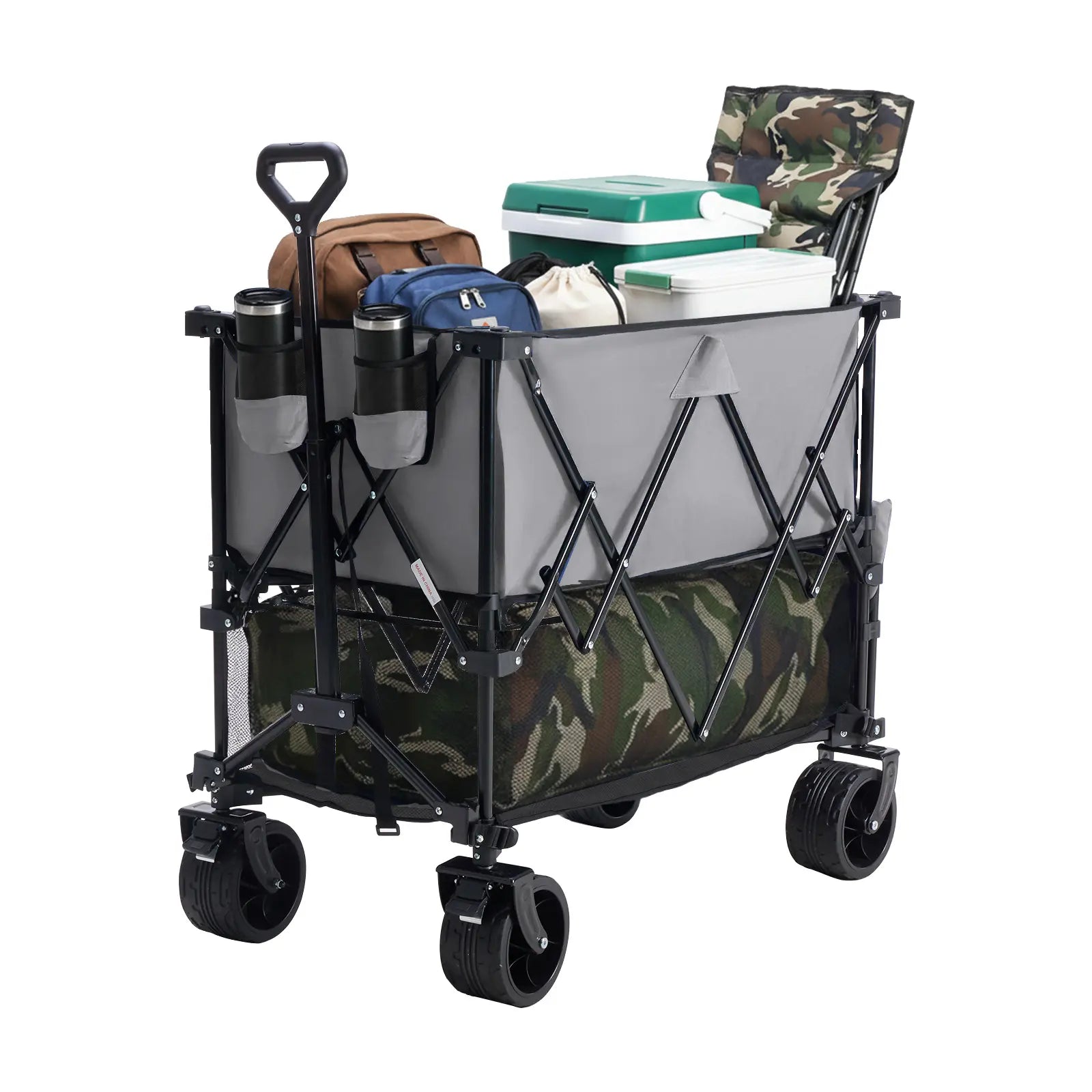 Large Capacity Folding Double Decker Wagon with Brakes, 440 Lbs Wagons Carts Foldable Wagon Cart with Flexible Handle, All-Terrain Big Wheels for Grocery Sports Garden Camping