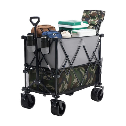 Large Capacity Folding Double Decker Wagon with Brakes, 440 Lbs Wagons Carts Foldable Wagon Cart with Flexible Handle, All-Terrain Big Wheels for Grocery Sports Garden Camping